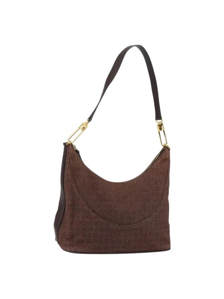 Authentic Bvlgari Logo Mania Shoulder Bag Canvas Brown Gold